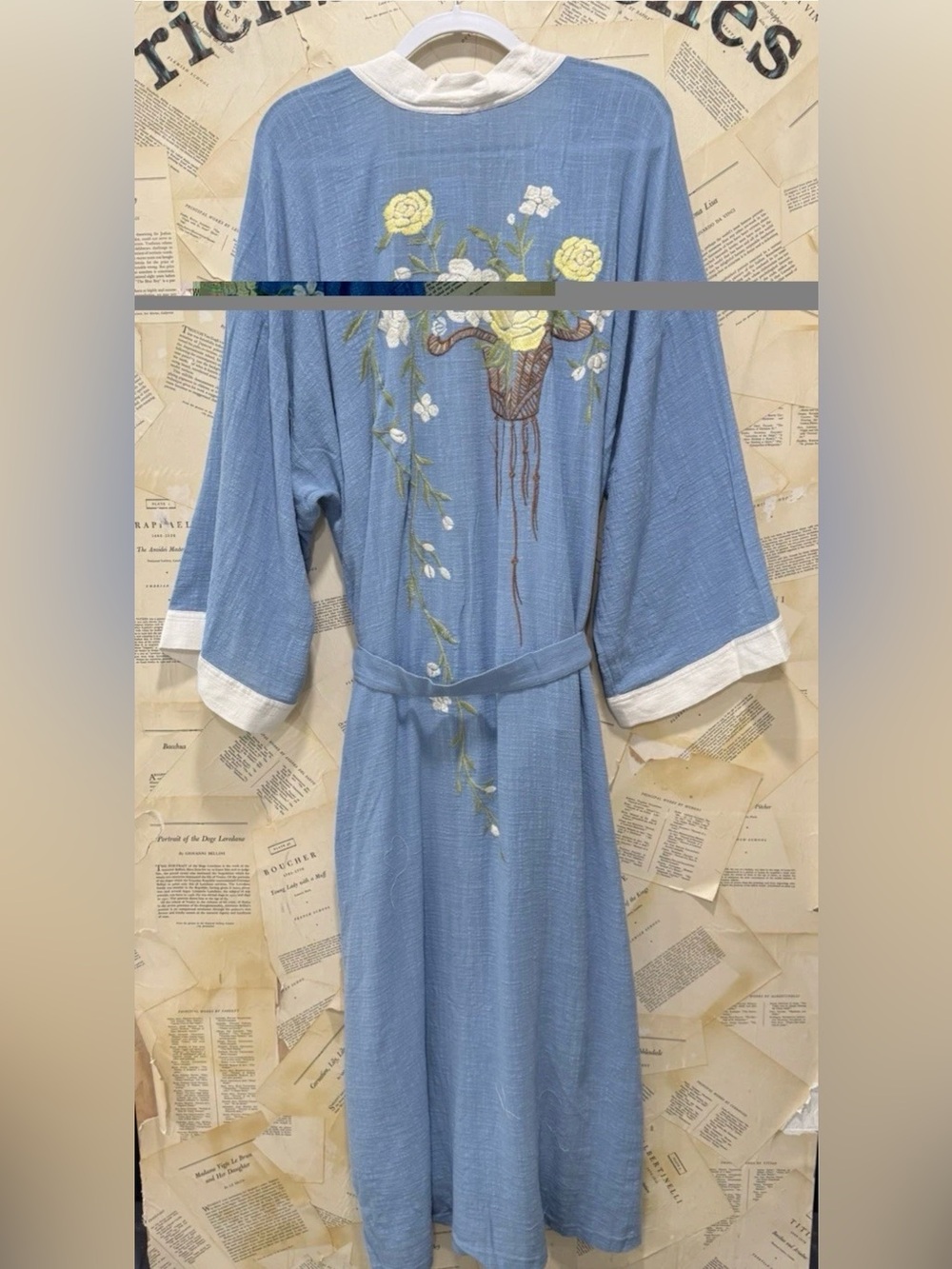 Free People Don't Worry Baby Robe Floral Embroidery Waist Tie Dusk Blue - Picture 5 of 6